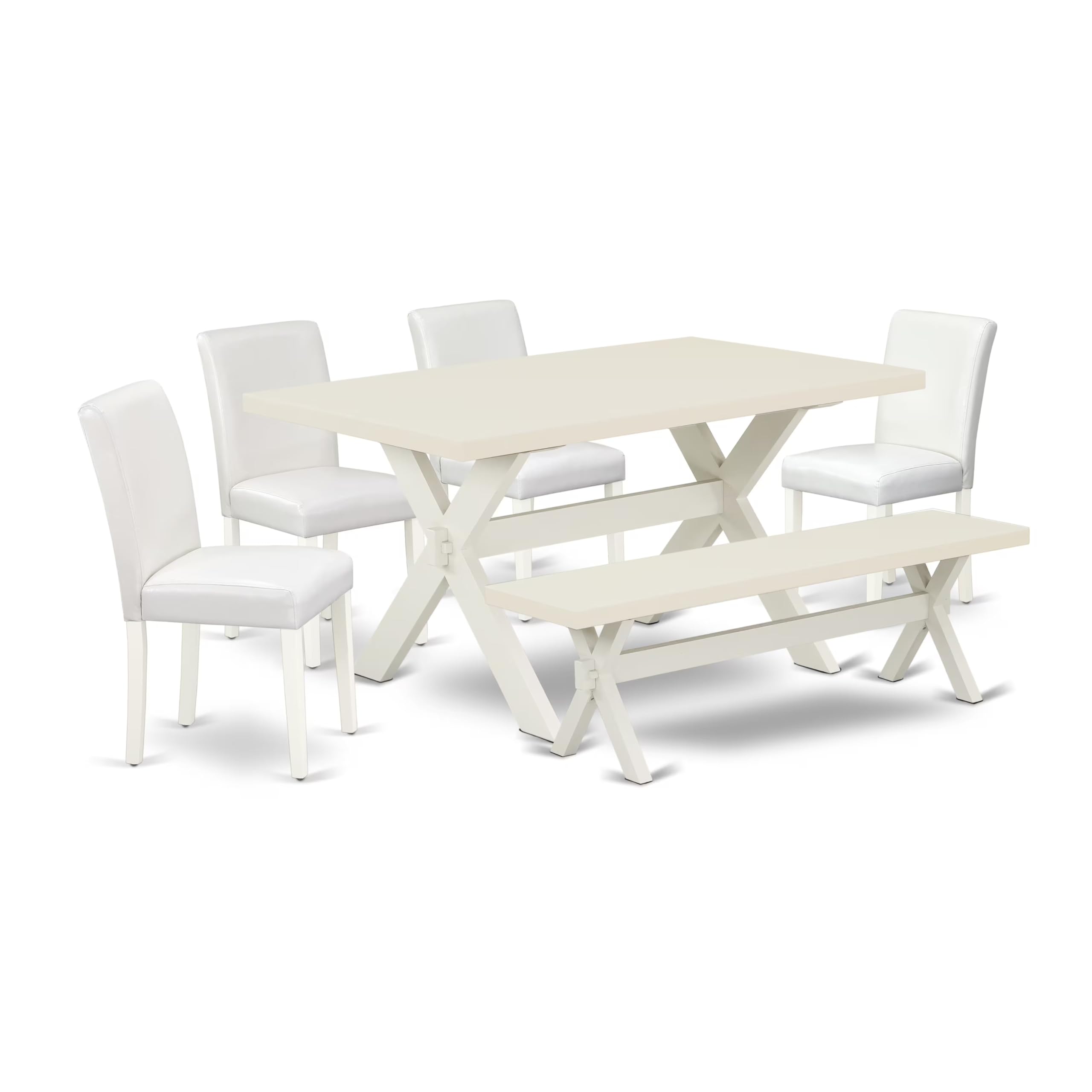 East West Furniture X026Ab264-6 6 Piece Dining Table Set Contains A Rectangle Dining Room Table With X-Legs And 4 White Faux Leather Parson Chairs With A Bench, 36X60 Inch, Multi-Color